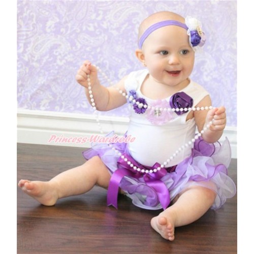 White Baby Pettitop with Dark Light Purple Pearl Flower Rosettes Lacing with Dark Purple Bow Dark Light Purple Petal Baby Pettiskirt & Dark Purple Headband Pearl Purple Rose Lace Clip NG1468 